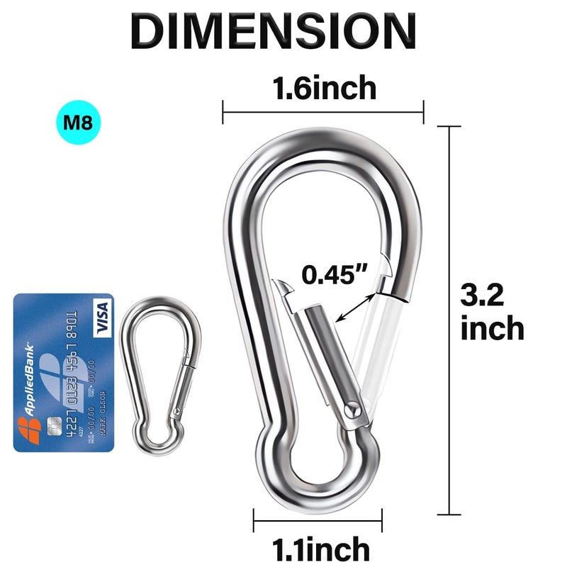 Lsqurel Spring Snap Hook, Lsqurel 304 Stainless Steel Carabiner Steel Clips Keychain Heavy Duty Quick Link for Camping Hiking Traveling (M8 30pcs) - Image 2